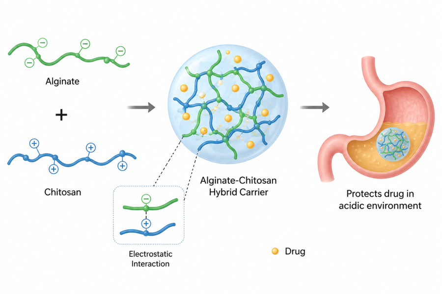Hybrid Alginate-Chitosan Carriers for Enhanced Drug Stability