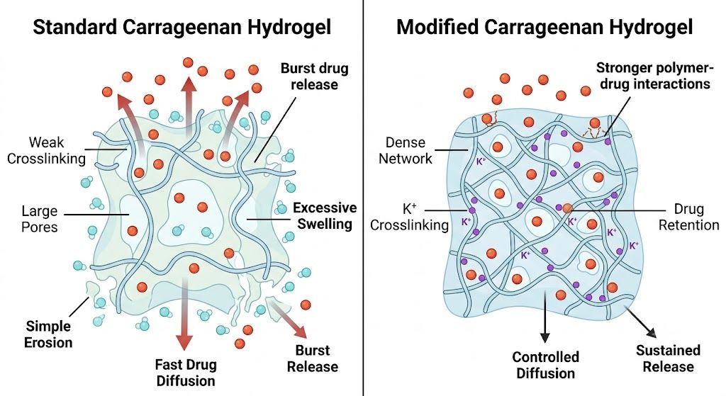 Why Do Standard Carrageenan Hydrogels Fail to Stop Sudden Drug Dumping?